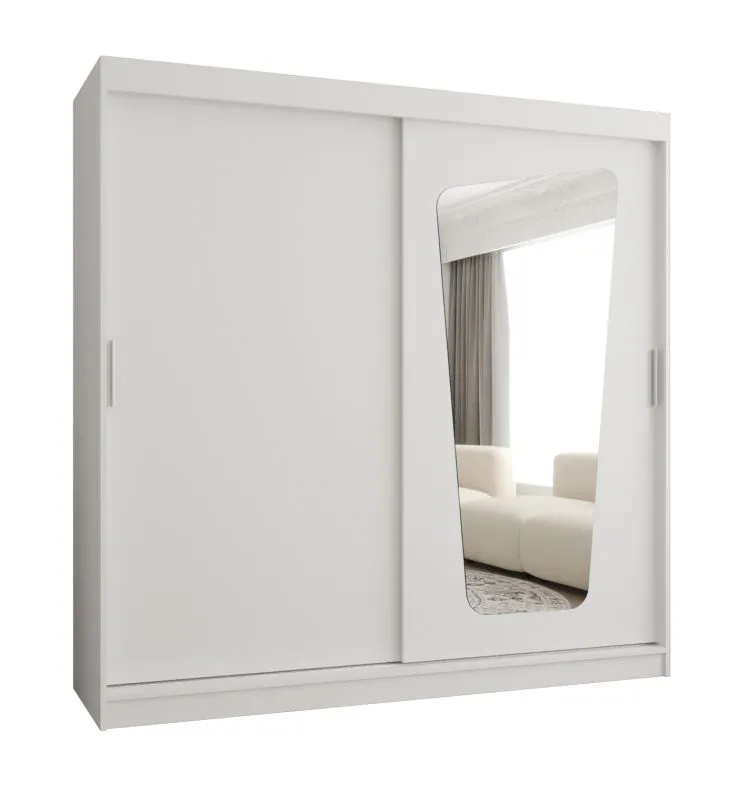 Kleiderschrank Aletschhorn 18, 2 Meter breit, Farbe: Weiß, eine Spiegeltür, Aluminiumschienen, 10 Fächer, Schiebetürenschrank, zwei Kleiderstangen