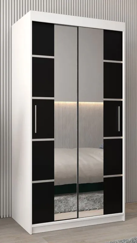 100 cm breiter Kleiderschrank mit 5 Fächern und 2 Türen | Farbe: Weiß / Schwarz Abbildung