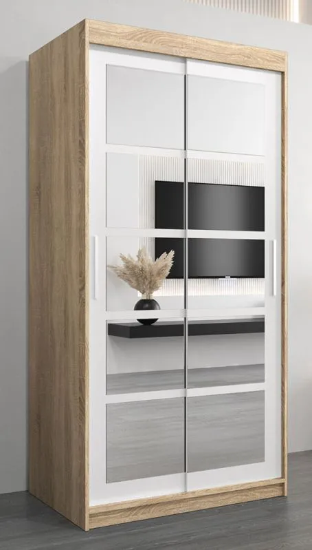 1 Meter breiter Kleiderschrank mit 2 Türen | Farbe: Sonoma Eiche / Weiß Abbildung