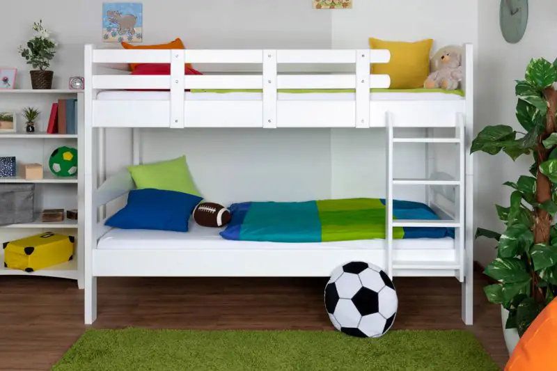 Stockbett für Kinderzimmer 90 x 190 cm | Massivholz: Buche | Weiß Lackiert | umbaubar in 2 Einzelbetten | inkl. Rollroste Abbildung