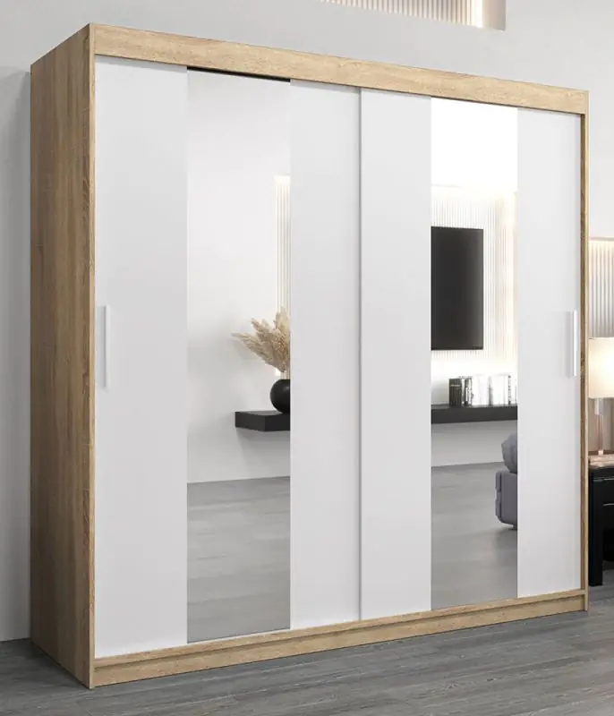 Schiebetürenschrank / Kleiderschrank Polos 05 mit Spiegel, Farbe: Eiche Sonoma / Weiß matt - Abmessungen: 200 x 200 x 62 cm (H x B x T)