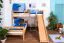 Doppelstockbett L-Form  90 x 200 cm | Buche massiv | natur lackiert | mit Regal und Rutsche | inkl. Rollrost | teilbar Abbildung