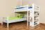 Doppelstockbett L-Form 90 x 200 cm (teilbar) | Buche Massivholz | weiß lackiert | mit Regal | inkl. Rollrost | umbaubar in Einzelbetten Abbildung
