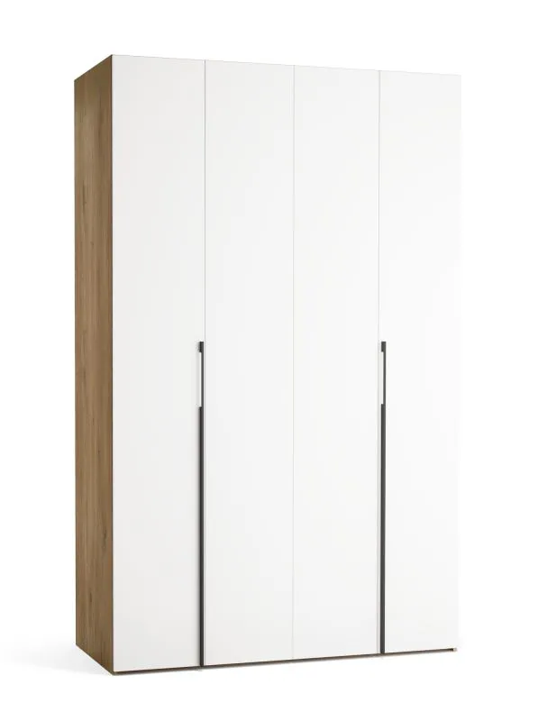 Falttür / Kleiderschrank | Farbe: Weiß / Eiche | 2 Türen | 3 Schubladen | 140 x 60 x 225 cm | eine Kleiderstange | inkl. LED-Beleuchtung mit Sensor