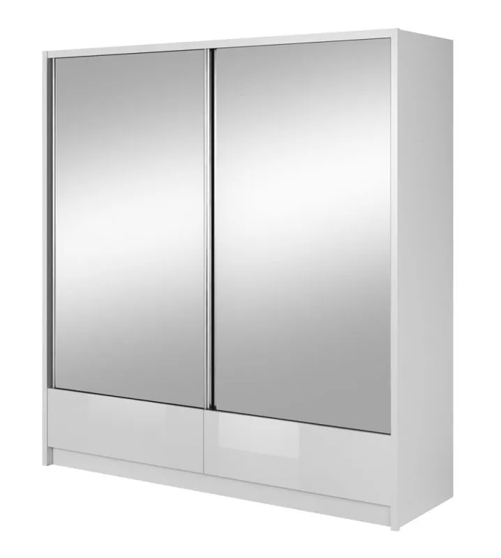 Schwebetürenschrank mit zwei Spiegeltüren und zwei Schubladen Anfield 06, Farbe: Weiß Hochglanz - Abmessungen: 214 x 204 x 62 cm (H x B x T)
