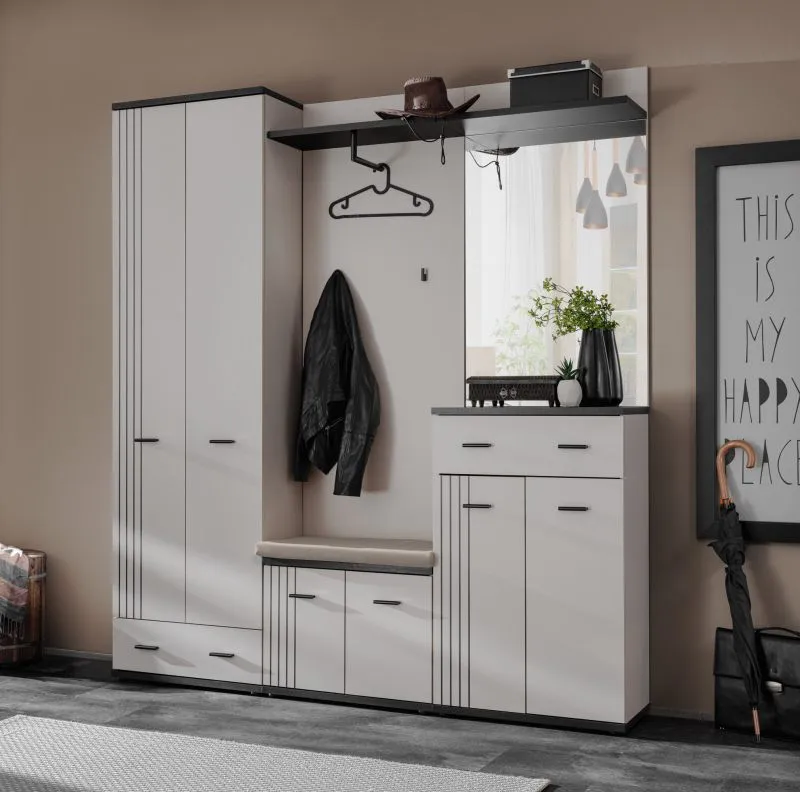 Garderobe mit Kleiderschrank | inkl. Sitzkissen | Farbe: Kaschmir / Schwarz | mit Sitzgelegenheit | 2 Kleiderstangen | Spiegel | Maße: 120 x 32 x 203 cm