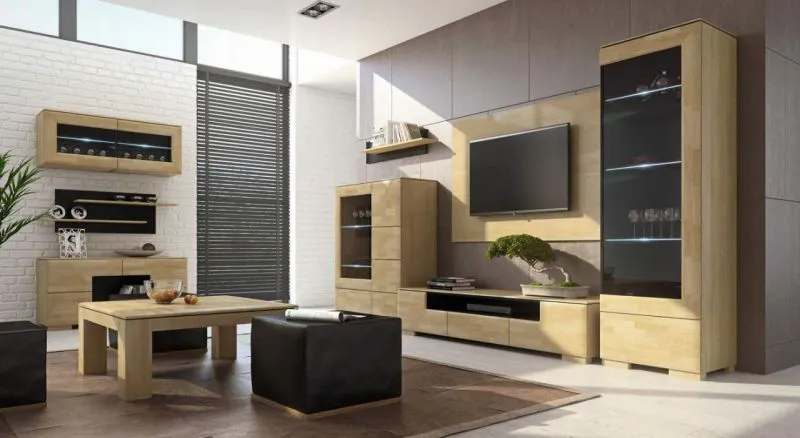 Wohnzimmer-Einrichtung Wohnzimmer Komplett - Set M Lipik, 12-teilig, teilmassiv, Farbe: Eiche / Schwarz Abbildung