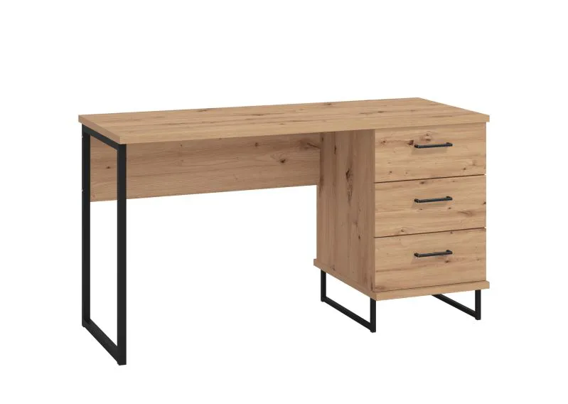 Schreibtisch in Industrial Stil Crina 17, Farbe: Eiche Artisan, drei Schubladen, ABS-Kanten, Griffe & Beine: Schwarz, Maße: 75 x 137,5 x 56 cm