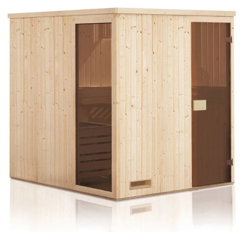 Elementsauna Kawir 68 mm mit 1 Sichtfenster und Dachkranz - Außenmaße (B x T x H): 194 x 194 x 199 cm
