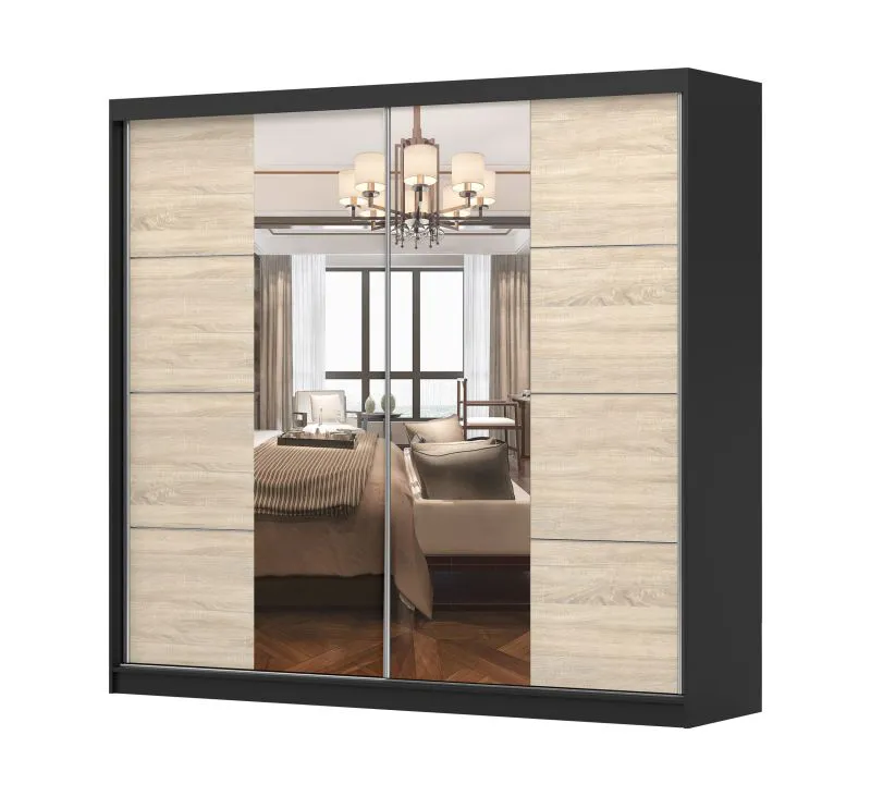 Schiebetürenschrank / Kleiderschrank mit Spiegel Eiche / Schwarz | Gorski 71 | 218 x 233 x 61 cm | 3 Türen | 12 Fächer | viel Stauraum | eckig