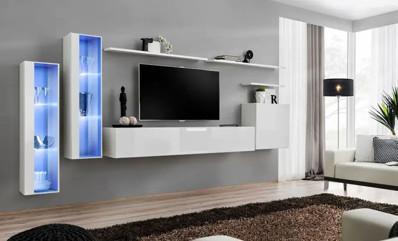 Elegante Wohnwand mit LED-Beleuchtung Balestrand 161, Farbe: Weiß - Abmessungen: 160 x 330 x 40 cm (H x B x T), mit 11 Fächern