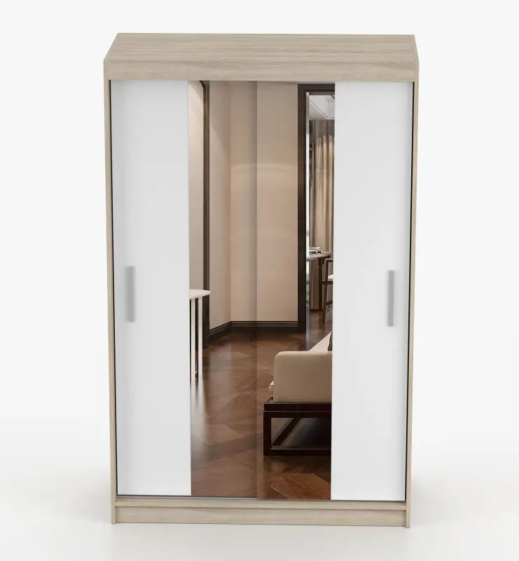 Kleiderschrank / Schiebetürenschrank | Weiß / Sonoma Eiche | Rudawy 08 | mit Spiegel | 2 Türen | 6 Fächer | 200 x 120 x 61 cm | Kleiderstange