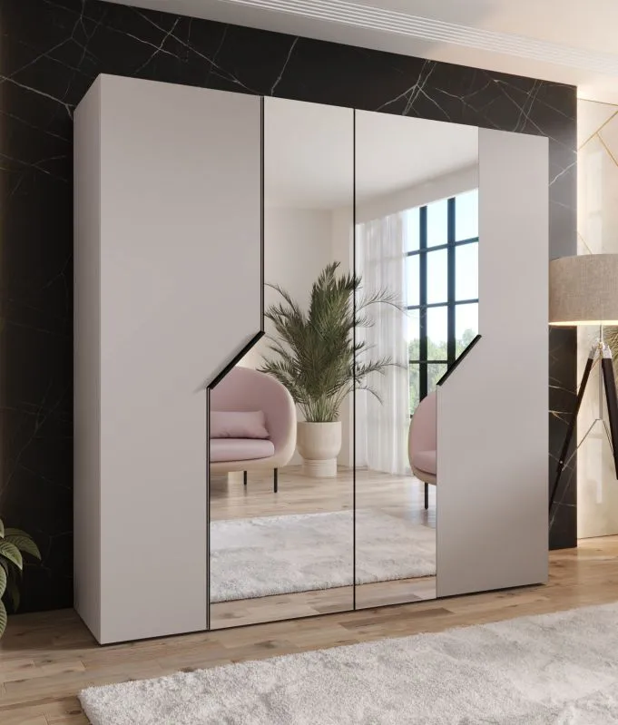 Drehtürenschrank / Kleiderschrank | Farbe: Kaschmir | Soft-Close-Funktion | 2 Spiegeltüren | ABS-Kanten | Griffe: Schwarz | Maße: 200 x 52 x 202 cm | 2 Kleiderstangen