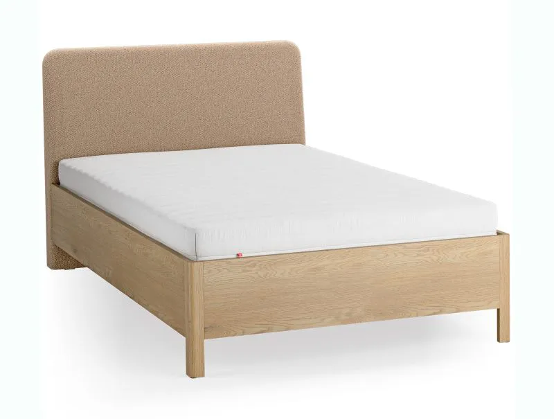 Einzelbett | Eiche massiv | Farbe: Eiche / Taupe | weich gepolsterte Kopfstütze | 90 x 200 cm | dezent abgerundete Form | Gästebett | inkl. Lift up Lattenrost
