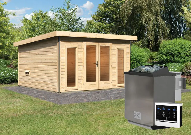 Saunahaus "Anni 3" SET B mit Ofen 9 kW, Farbe: Natur - 369 x 369 cm (B x T), Grundfläche: 13,32 m²