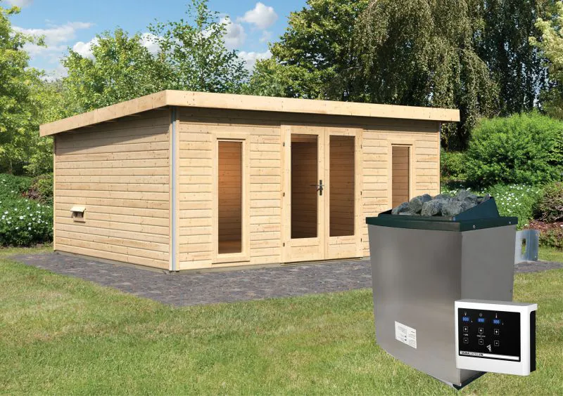 Saunahaus "Anni 4" SET A mit Ofen 9 kW, Farbe: Natur - 490 x 369 cm (B x T), Grundfläche: 18 m²