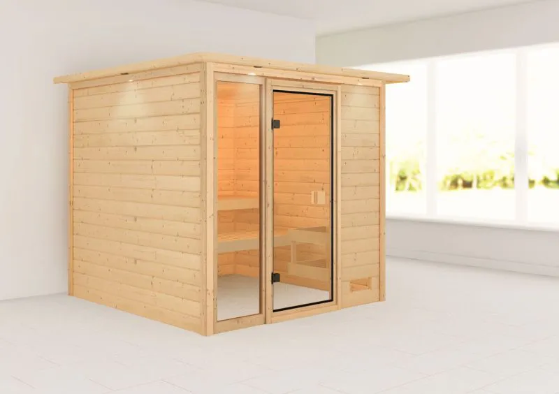 Sauna "Emmik" mit bronzierter Tür und Kranz - Farbe: Natur - 224 x 210 x 191 cm (B x T x H)