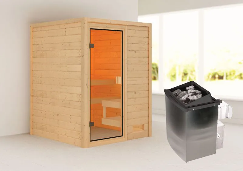 Sauna "Eivind" SET mit bronzierter Tür - Farbe: Natur, Ofen 9 kW - 145 x 145 x 187 cm (B x T x H)