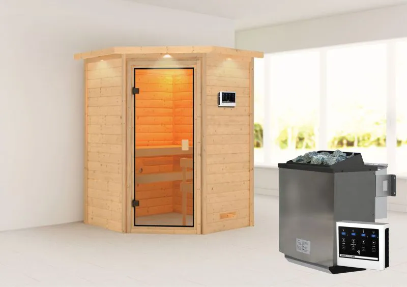 Sauna "Henrik" SET mit bronzierter Tür und Kranz - Farbe: Natur, Ofen BIO 9 kW - 173 x 159 x 191 cm (B x T x H)