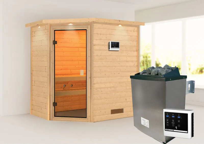 Sauna "Njal" SET mit bronzierter Tür und Kranz - Farbe: Natur, Ofen externe Steuerung easy 9 kW - 223 x 159 x 191 cm (B x T x H)