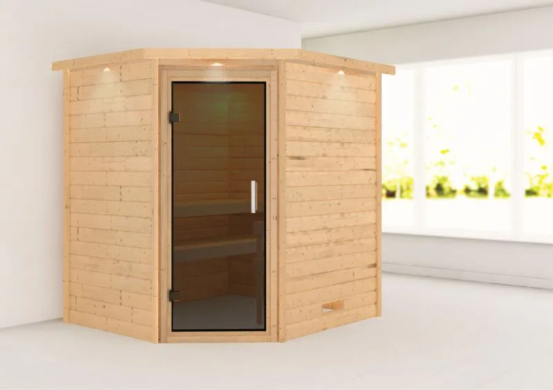 Sauna "Kirsa" mit Kranz und graphitfarbener Tür - Farbe: Natur - 224 x 184 x 202 cm (B x T x H)