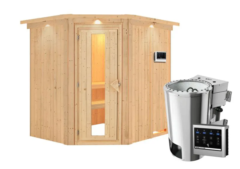 Sauna "Askjell" SET mit Energiespartür, Kranz und Ofen BIO 3,6 kW - 210 x 184 x 202 cm (B x T x H)