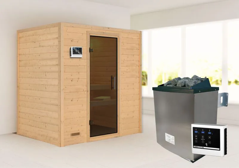 Sauna "Holmger" SET AKTION mit graphitfarbener Tür & Ofen externe Steuerung easy 9 KW - 196 x 146 x 198 cm (B x T x H)