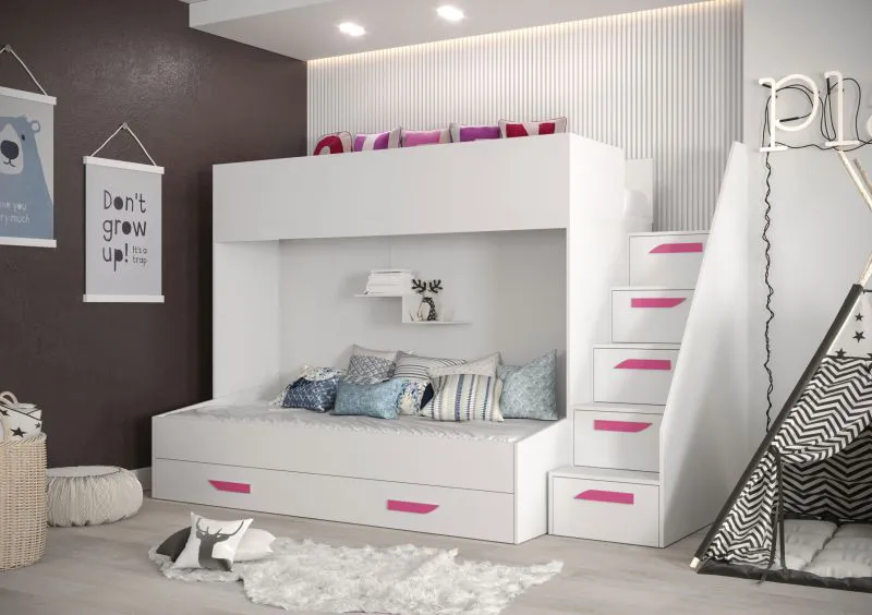 Etagenbett / Kinderbett / Funktionsbett-Kombination - mit Bettschublade und Treppe, Jura 40, Weiß / Pink - Liegefläche: 90 x 200 cm / 90 x 185 cm