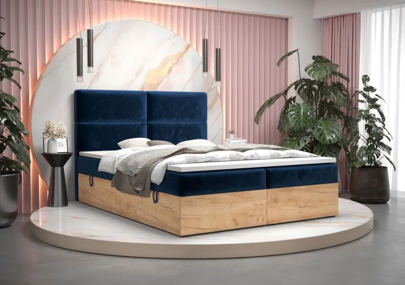 Doppelbett mit weichen Veloursstoff Pilio 45, Farbe: Blau / Eiche Golden Craft - Liegefläche: 180 x 200 cm (B x L)