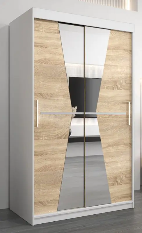 Schiebetürenschrank / Kleiderschrank Naranco 02 mit Spiegel, Farbe: Weiß matt / Eiche Sonoma - Abmessungen: 200 x 120 x 62 cm ( H x B x T)