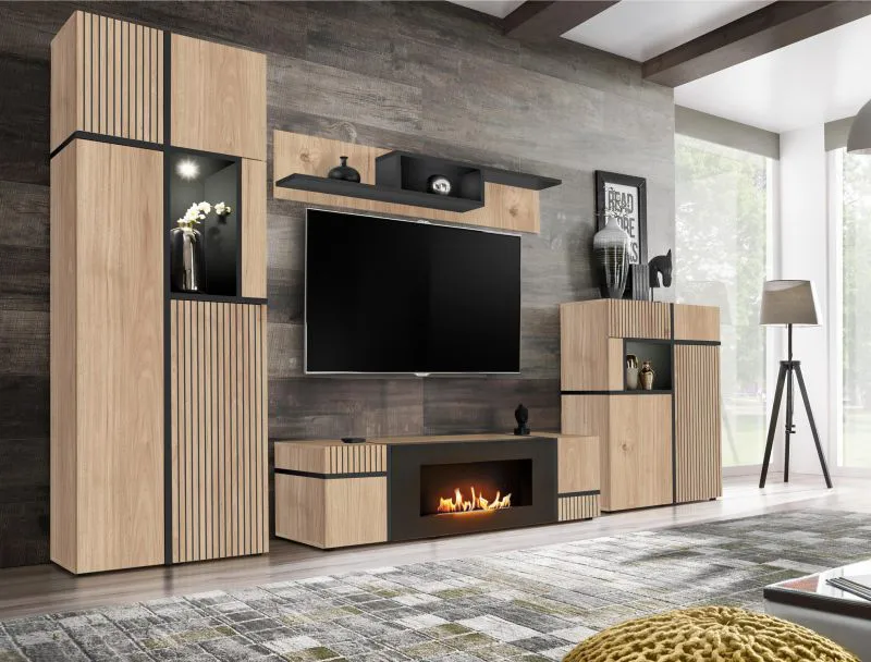 Wohnwand | Push-to-open Funktion | Farbe: Eiche Hickory Jackson / Schwarz | Bio-Ethanol Kamin | Maße: 330 x 45 x 197 cm | inkl. LED-Beleuchtung | 1 TV-Unterschrank | 2 Vitrinen | 1 Wandregal