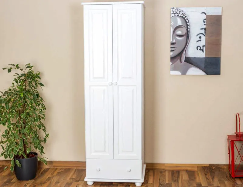 Kleiderschrank | 2 Drehtüren | 4 Fächer | 1 Schublade | mit Kleiderstange | 65 cm breit | Massivholz | Farbe: Weiß Abbildung
