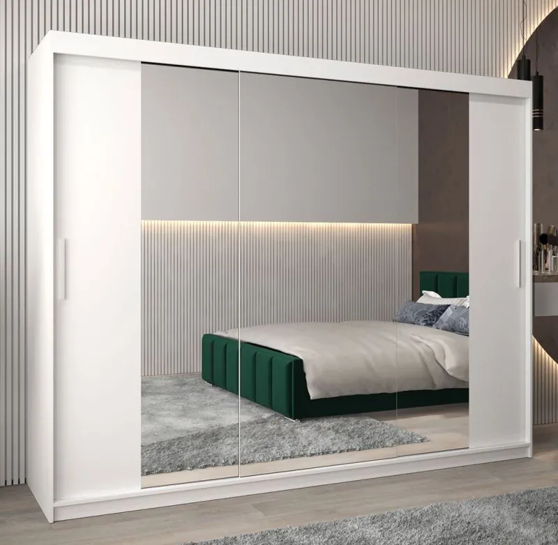 Schiebetürenschrank / Kleiderschrank Bisaurin 6C mit Spiegel, Farbe: Weiß matt - Abmessungen: 200 x 250 x 62 cm ( H x B x T)
