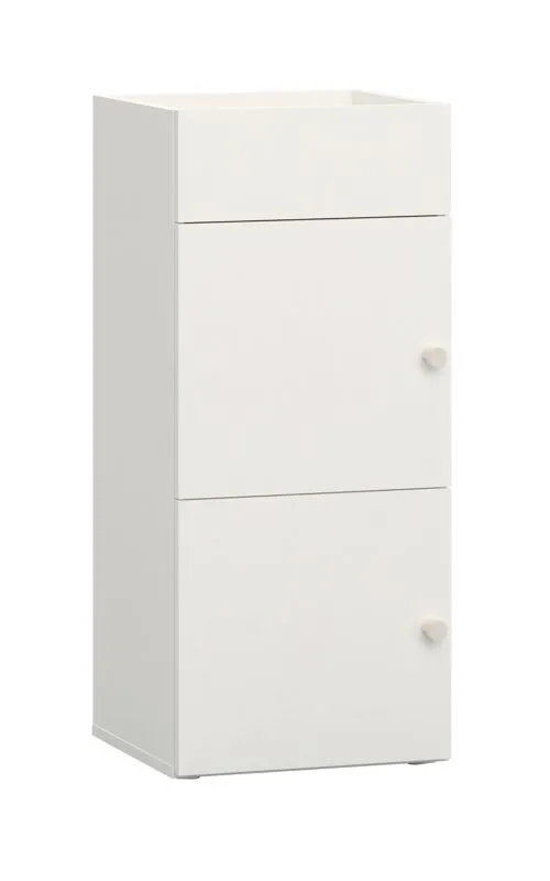 Schmale Kommode "Aenna 123" mit einer Tür und 2 Fächern, Korpus Front und Griffe: Weiß, Maße: 90 x 40 x 34 cm, Ablage