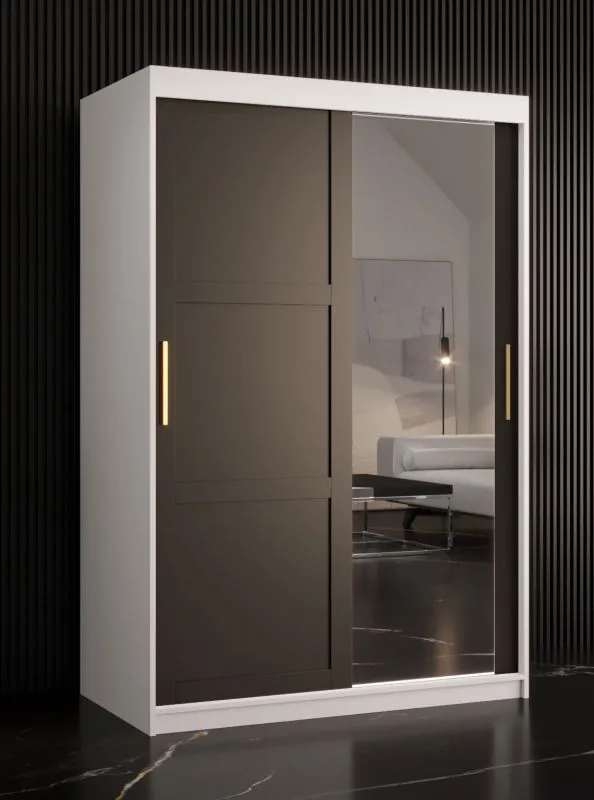 Moderner Schiebetüreschrank mit einer Spiegeltür Liskamm 30, Farbe: Weiß matt / Schwarz matt - Abmessungen: 200 x 120 x 62 cm (H x B x T), mit fünf Fächern und zwei Kleiderstangen
