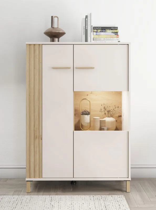 Vitrine | Farbe: Kaschmir / Eiche Artisan | eine Glastür | sechs Fächer | 85 x 40 x 122 cm | breit | getöntes Glas | ABS | für Wohnzimmer