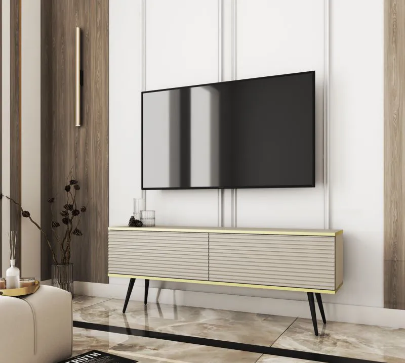 TV-Unterschrank / TV-Board mit Push-to-open-Funktion Horsham 21, Farbe: Beige, Beine: Schwarz, hängend montierbar, zwei Kipptüren, ABS-Kantenschutz