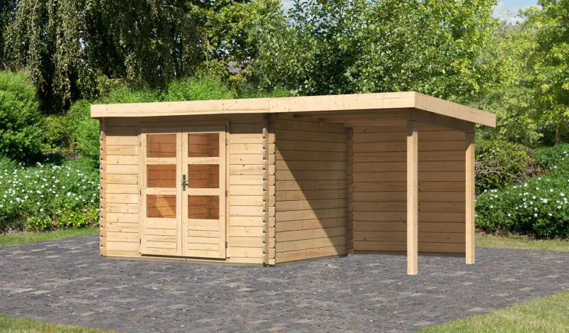 Gartenhaus SET mit Pultdach inkl. Anbaudach & Rückwand, Farbe: Naturbelassen, Grundfläche: 6,16 m²