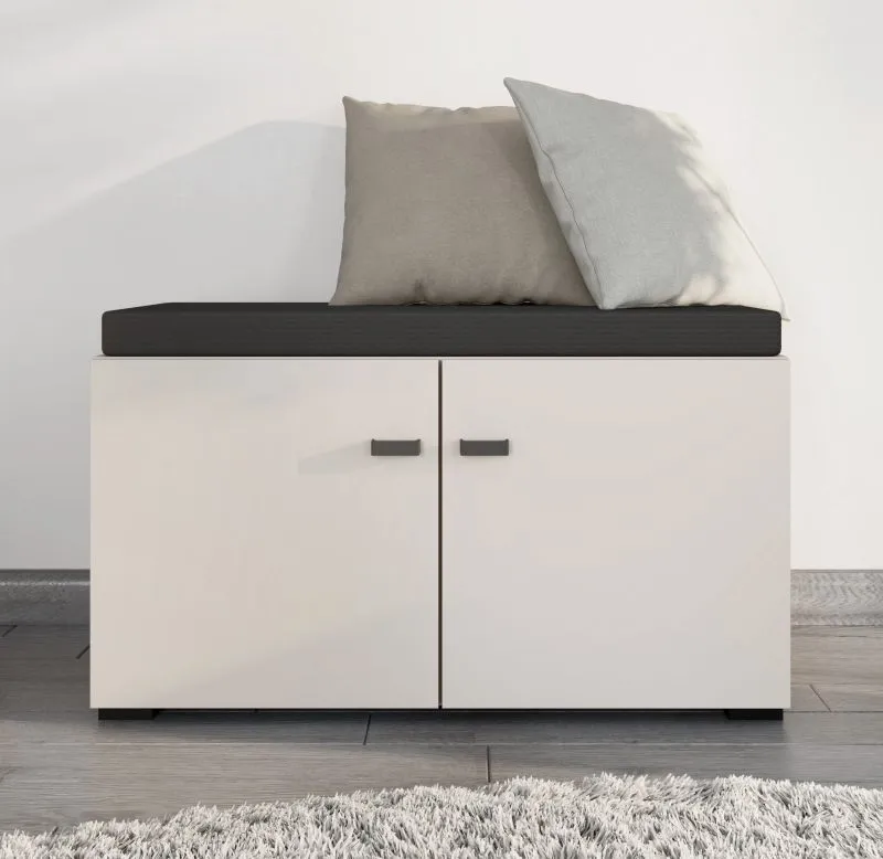 Sitzbank mit Stauraum | 2 Drehtüren | Farbe: Kaschmir | gepolstertes Sitzkissen | 2 Fächer | Maße: 77 x 35 x 40,5 cm | Beine & Griffe: Schwarz