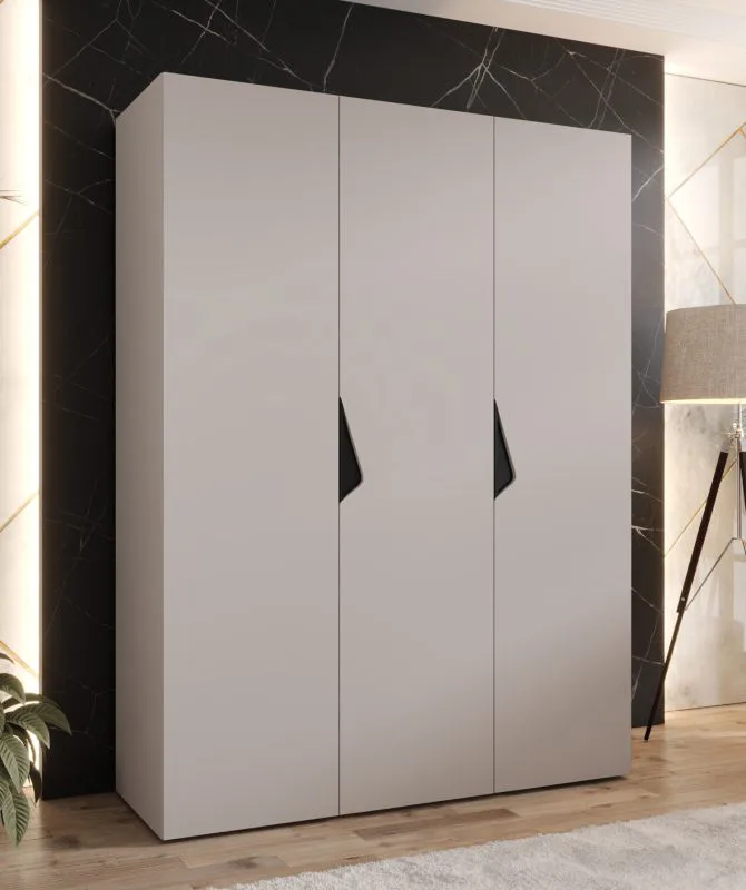 Kleiderschrank | 3 Türen | Farbe: Kaschmir | Griffe: Schwarz | Maße: 150 x 52 x 202 cm | 2 Kleiderstangen | 2 Fächer | Drehtürenschrank