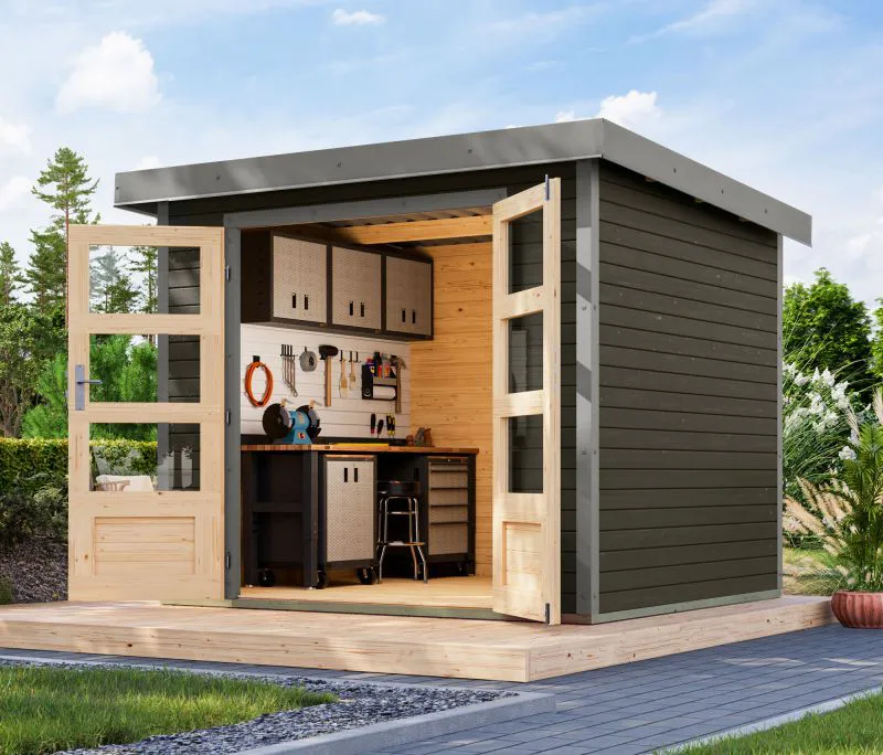 Holzgartenhaus terragrau, nordische Fichte, Pultdach Trapezblech graualuminium, stabile Metallecken, modernes Design, Zylinderschloss, 2,38x2,13 m