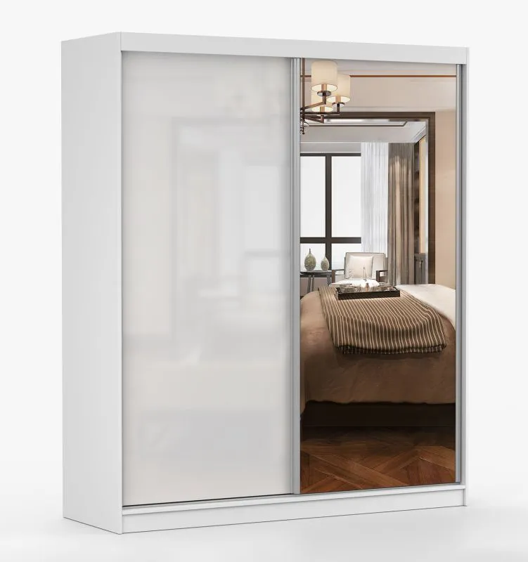 2,3 Meter breiter Schiebetürenschrank / Kleiderschrank mit Spiegel | Weiß | Gorski 55 | 218 x 233 x 61 cm | 2 Türen | 12 Fächer | Einfarbiger Stil