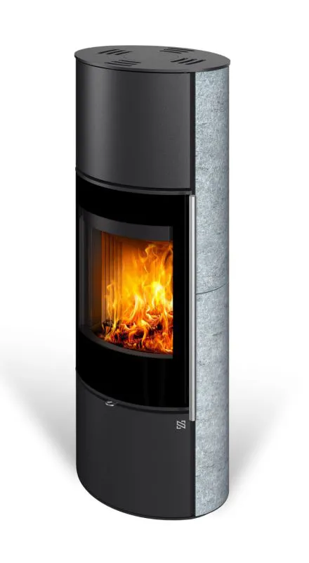 Kaminofen 5,1 kW | Ausführung H | Außengehäuse aus Naturstein | Holzkamin| aus Stahl | kompaktes und elegantes Design | Edelstahlgriff
