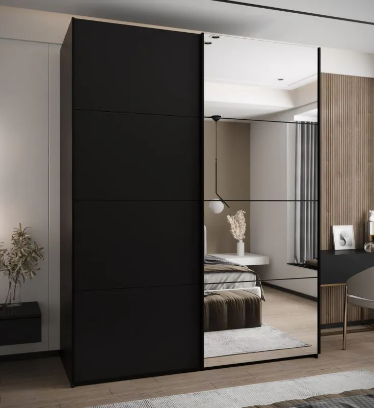 Kleiderschrank / Schiebetürenschrank | 245,5 x 190 x 64 cm | Farbe: Schwarz | Spiegel | Soft-Close | 2 Kleiderstangen | 2 Schiebetüren | 11 Fächer