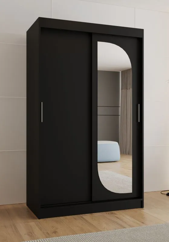 Schiebetürenschrank / Kleiderschrank Signalkuppe 07, Farbe: Schwarz, 1,2 Meter breit, zwei Kleiderstangen, fünf Fächer, eine Spiegeltür