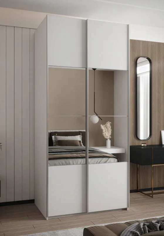 Kleiderschrank / Schiebetürenschrank | 2 Kleiderstangen | 2 Schiebetüren | 245,5 x 110 x 64 cm | Spiegel | Soft-Close | Farbe: Weiß | 6 Fächer