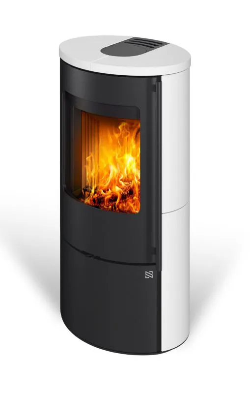 Kaminofen 5,1 kW | Außengehäuse aus Keramik | Holzkamin | aus Stahl | schwarzer Edelstahlgriff | Farbe: Weiß / Schwarz