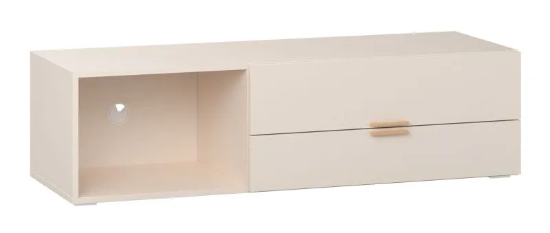 TV-Schrank | 1 offenes Fach | Farbe: Beige | Soft-Close-Funktion | Griffe: Eiche | zwei Schubladen | 1 Kabeldurchführung | Maße: 130 x 42 x 36 cm
