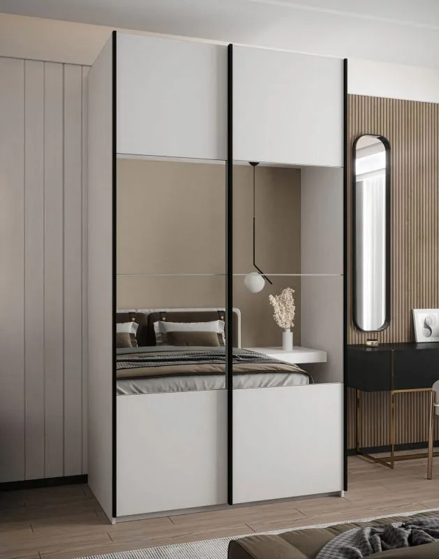 Kleiderschrank / Schiebetürenschrank | 245,5 x 130 x 64 cm | 2 Schiebetüren | Soft-Close | 2 Kleiderstangen | Spiegel | Farbe: Weiß | 6 Fächer