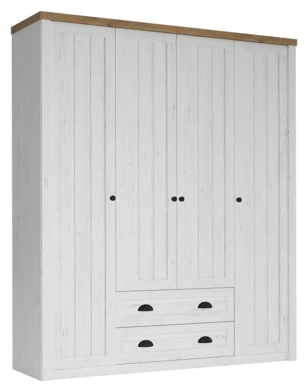 Kleiderschrank | 4 Drehtüren | Keine Schublade | 10 Fächer | mit Kleiderstange | 171 cm breit | Farbe: Weiß Abbildung